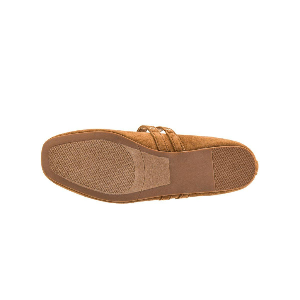 The All Eyes on Me MaryJane Ballet Flat by CORKY’S FOOTWEAR INC is featured in brown suede, displayed from the bottom to highlight its textured rubber sole with a smooth rectangular section near the arch and toe area—showcasing an elegant take on the classic Mary Jane ballet flat silhouette.