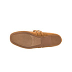 The All Eyes on Me MaryJane Ballet Flat by CORKY’S FOOTWEAR INC is featured in brown suede, displayed from the bottom to highlight its textured rubber sole with a smooth rectangular section near the arch and toe area—showcasing an elegant take on the classic Mary Jane ballet flat silhouette.