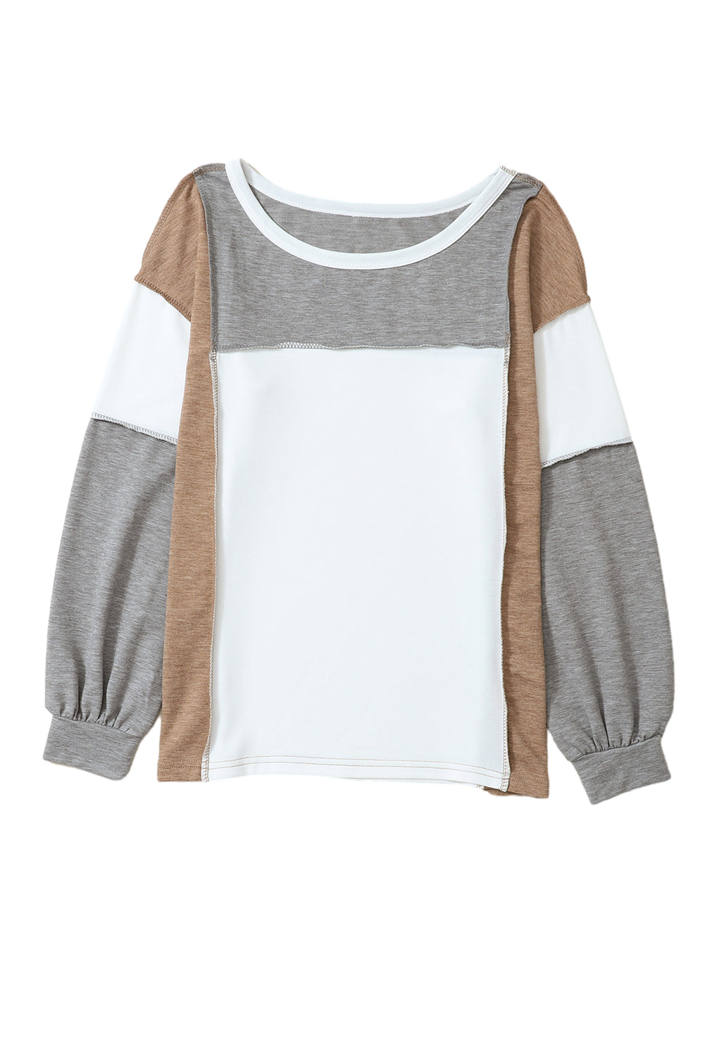 The Khaki Color Block Exposed Seam Long Sleeve Top from Shewin features a unique patchwork design with panels in light brown, white, and grey. It has a crew neck and cuffs at the wrists.