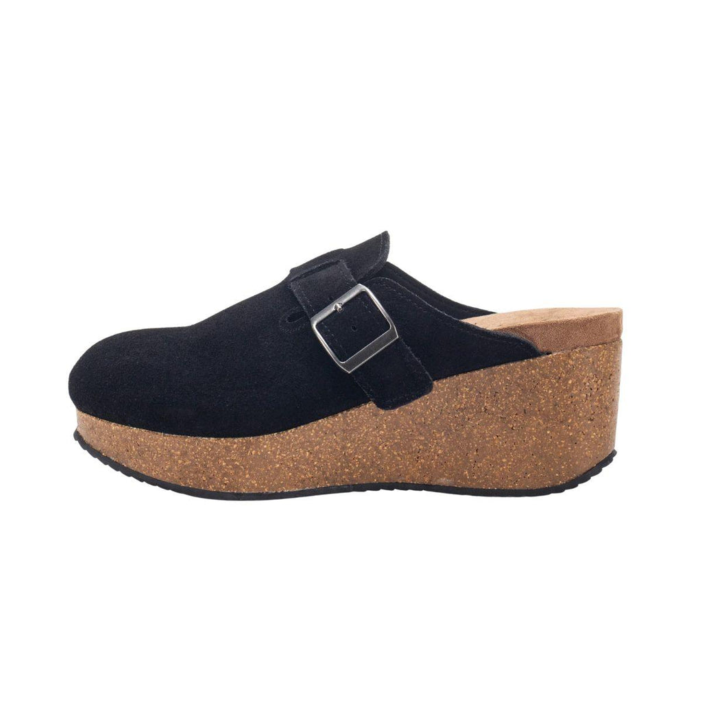 The Mulani Ladies Suede Clog by YELLOW BOX - CIT features a black suede upper, a buckle strap, and a thick cork wedge sole. Shown in a left side profile against a plain white background, this effortlessly stylish clog is perfect for everyday wear.