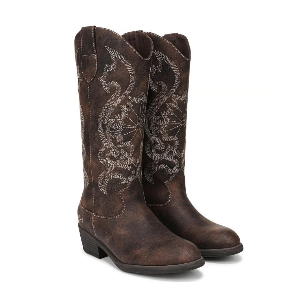 Women's whiskey brown Western cowboy boot with embroidered shaft, almond toe and low block heel
