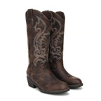 Women's whiskey brown Western cowboy boot with embroidered shaft, almond toe and low block heel