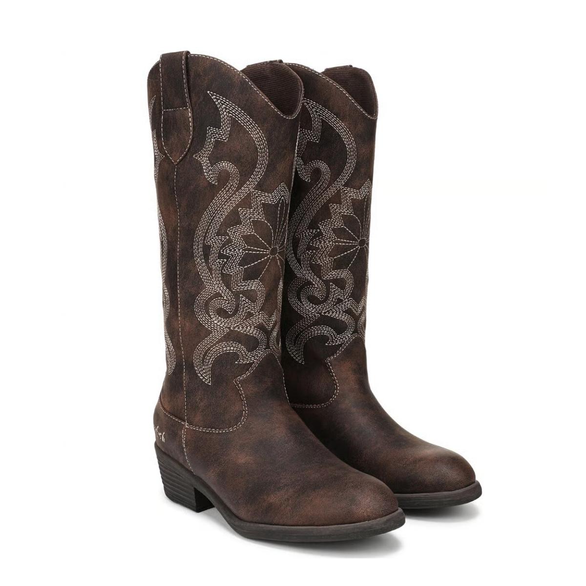 Women's whiskey brown Western cowboy boot with embroidered shaft, almond toe and low block heel