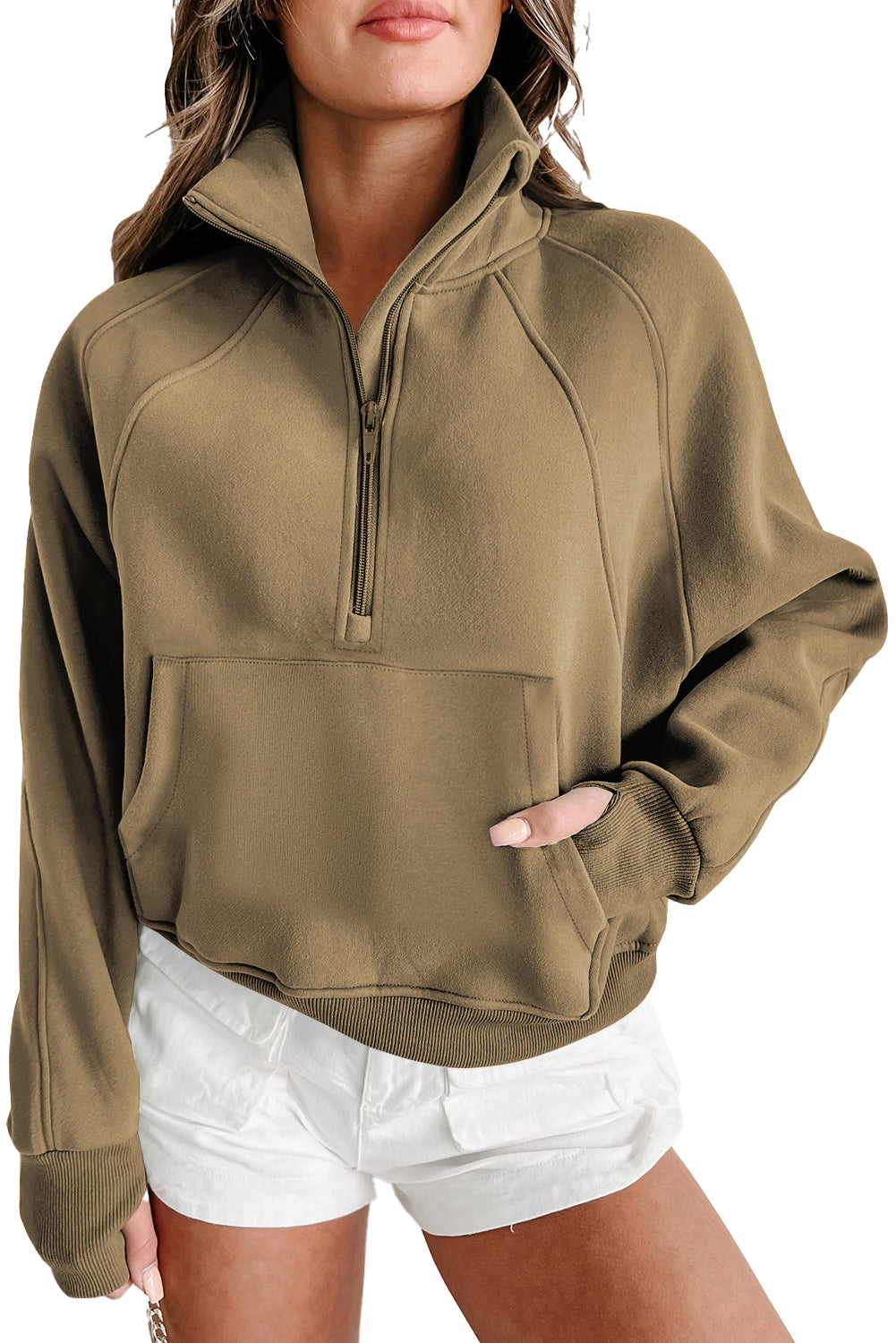 A person is wearing a Shewin Gray Zip-Up Stand Collar Ribbed Thumbhole Sleeve Sweatshirt, paired with white shorts.