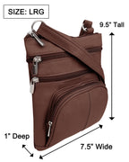 The Roma Leathers, Inc. Cowhide Leather Crossbody with phone pocket on the back features three zippered compartments, an adjustable strap, measures 9.5"H x 7.5"W x 1"D, and is crafted from cowhide leather.