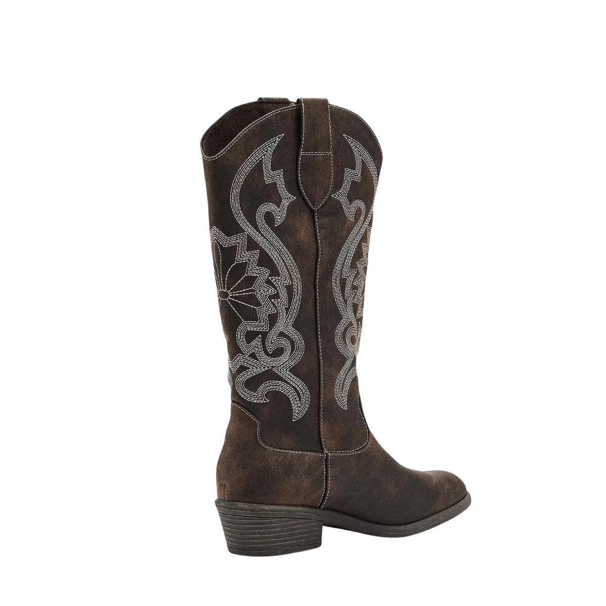 Stutter Western Boot by Flipflops & Whatnots features a brown design with decorative white stitching, a low stacked heel, and a slightly pointed toe, pictured in side profile against a white background.
