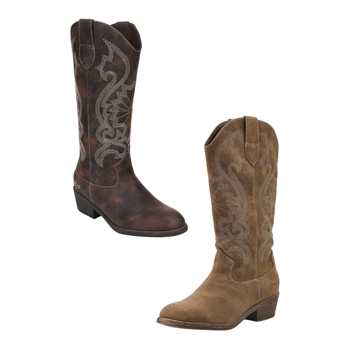Two pairs of the Stutter Western Boot by Flipflops & Whatnots—one in dark brown with decorative stitching and one in light brown with similar patterns—are displayed on a white background. Both boots feature low heels, rounded toes, and a classic cowboy-inspired style. Main image