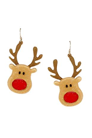 A pair of Christmas Reindeer Dangle Earrings from us jewelry house featuring red noses and golden antlers, set against a gray background.