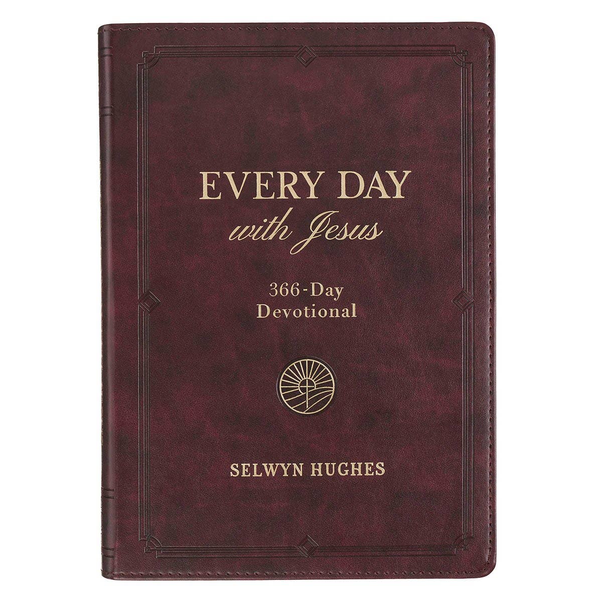 Burgundy Devotional Every Day with Jesus Faux Leather book with gold text reading “366-Day Devotional” and “SELWYN HUGHES,” featuring a circular cross icon.