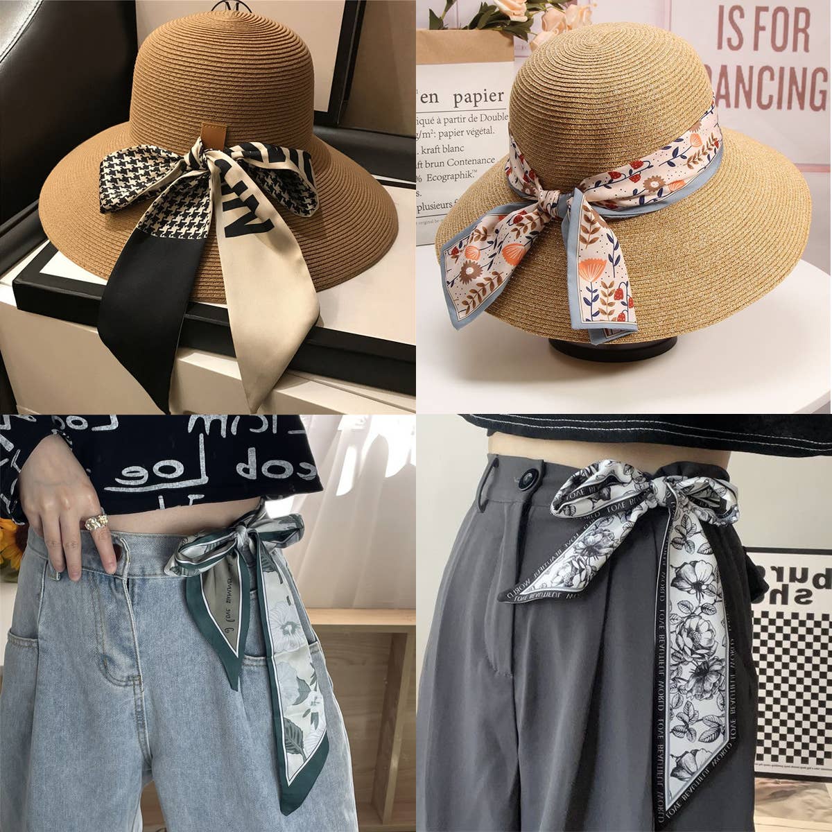 Four images show straw hats and denim or dark pants, each styled with the ACCITY Skinny Floral Ribbon Scarf for Hair or Handbag_CWASC0067 tied in bows, adding a chic floral accessory to every look.