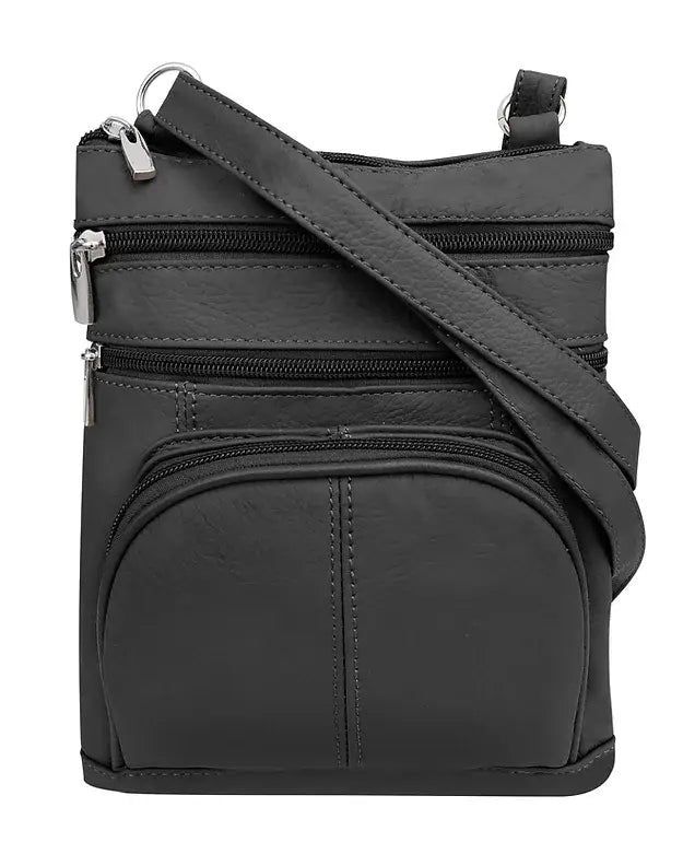 The Roma Leathers, Inc. Cowhide Leather Crossbody with phone pocket is a small black bag featuring multiple zippered compartments and an adjustable shoulder strap, shown against a white background.