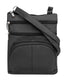 The Roma Leathers, Inc. Cowhide Leather Crossbody with phone pocket is a small black bag featuring multiple zippered compartments and an adjustable shoulder strap, shown against a white background.