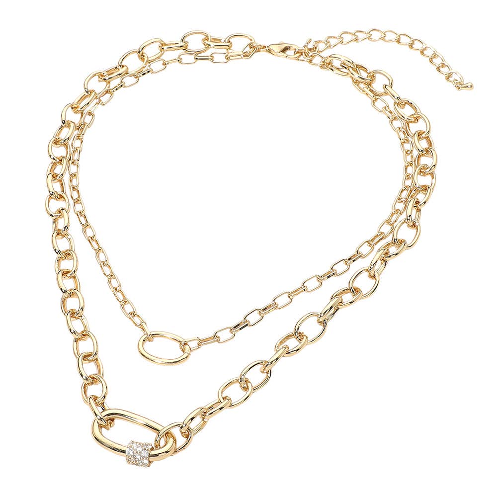 Introducing the CZ Pave Carabiner Pendant Accent Chunky Layered Chain Necklace from Sensibling Corp.—a bold double-layered gold chain featuring large oval links, one of which is adorned with a sparkling cluster of clear cubic zirconia crystals and finished with an adjustable clasp, making it a statement accessory perfect for any occasion.