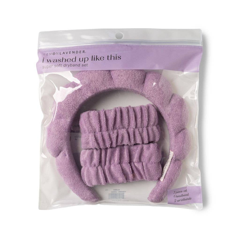 I Washed Up Like This Super Soft Dryband Set featuring a purple absorbent terrycloth headband and two matching wristbands in clear plastic packaging.