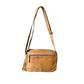 The Roma Leathers, Inc. Cowhide Leather Crossbody features tan cowhide leather, an adjustable shoulder strap, front zipper pocket, and tassel accent, shown on a white background.
