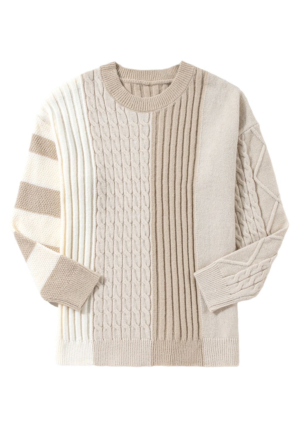 The Shewin Khaki Cable Knit Colorblock Crew Neck Drop Shoulder Sweater showcases a drop shoulder silhouette, various knit patterns like cables and stripes, long sleeves, and a round neckline. Subtle rib-knit details enhance the texture of this cozy piece.