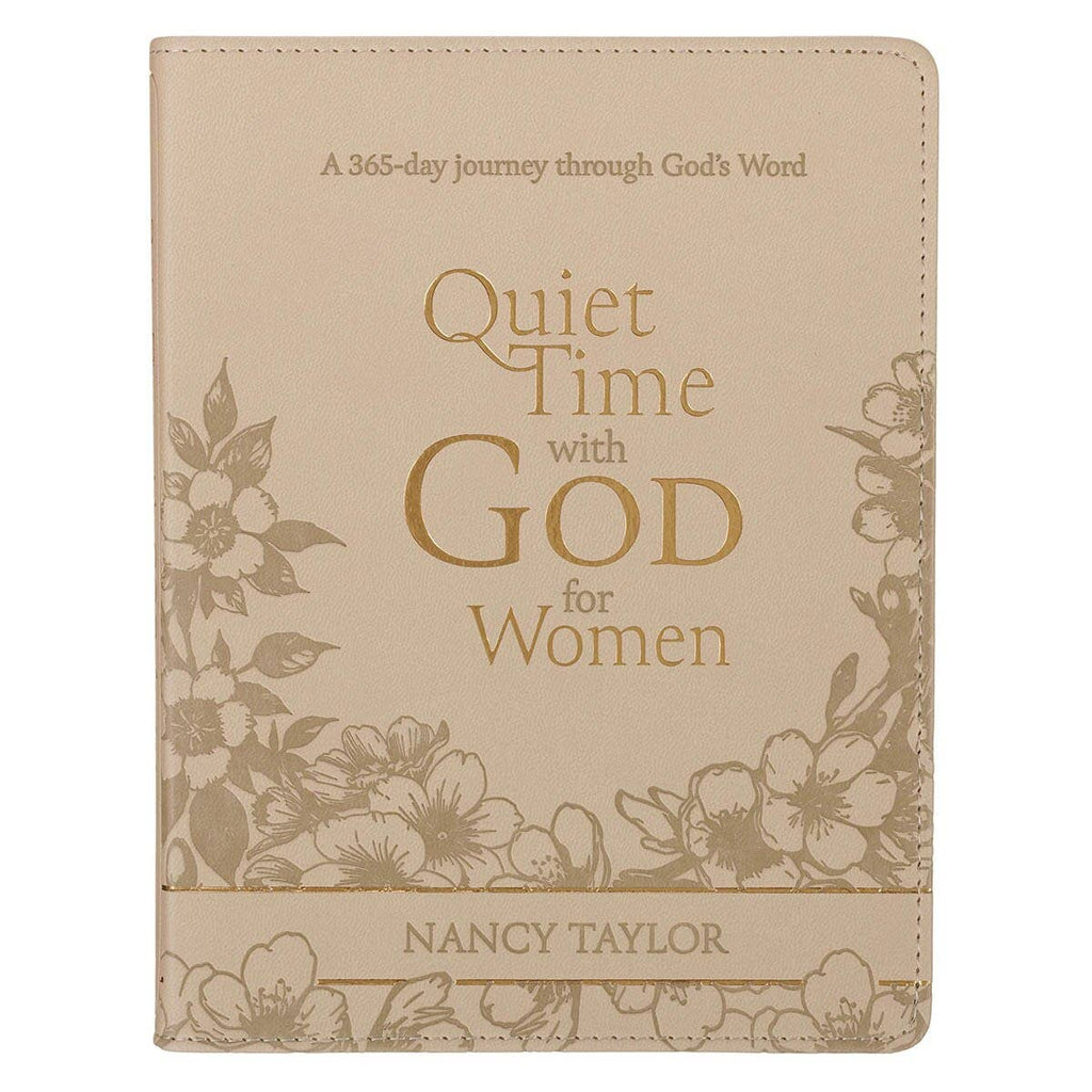 A beige Devotional Quiet Time with God for Women Faux Leather book with a floral border and the title embossed on the cover.