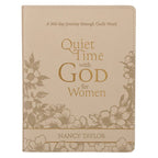 A beige Devotional Quiet Time with God for Women Faux Leather book with a floral border and the title embossed on the cover.
