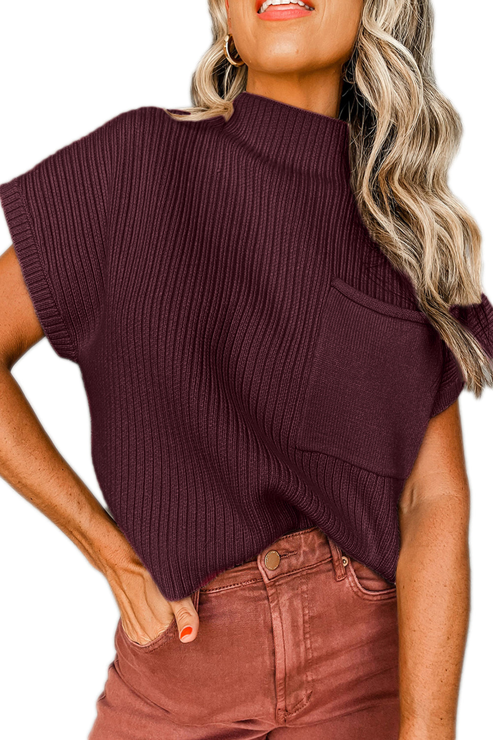 Embrace casual style in the Shewin Patch Pocket Ribbed Knit Short Sleeve Sweater, featuring a dark red turtleneck and chest pocket—perfect for transitional weather. Pair with high-waisted pants for a chic look.