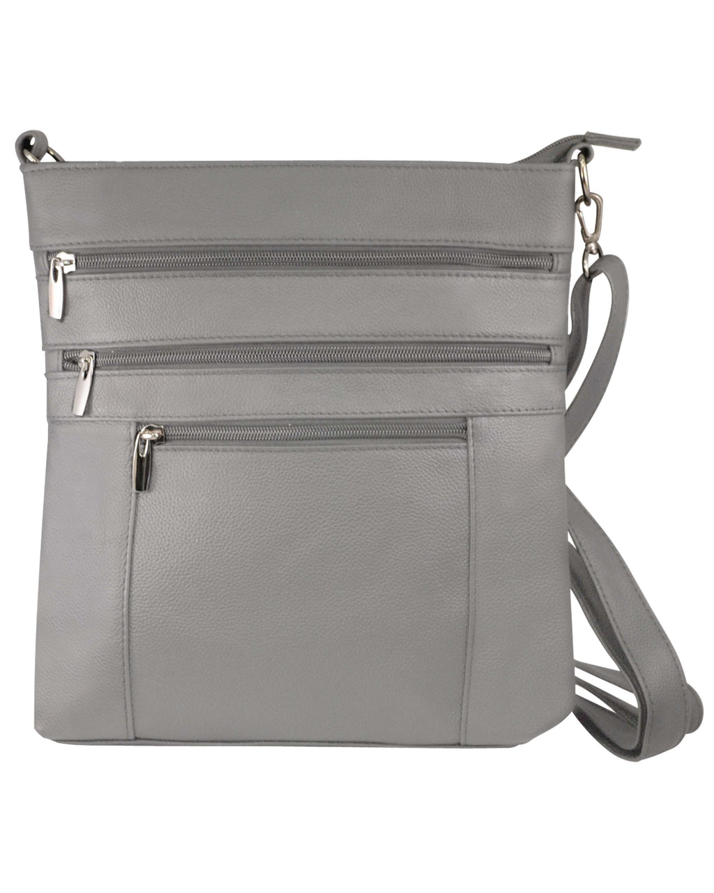 The Roma Leathers, Inc. Cowhide leather crossbody features three front zippered pockets and an adjustable shoulder strap for versatile, everyday style in gray leather.