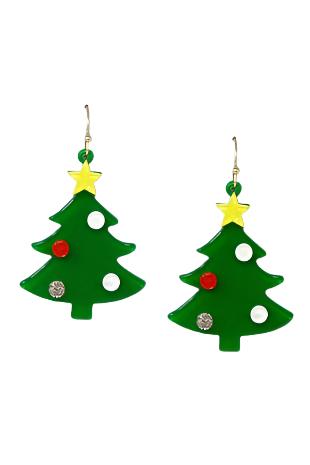 A pair of Christmas Tree Dangle Earrings by us jewelry house, featuring green Christmas tree shapes adorned with red, white, and silver ornaments and topped with yellow stars on a grey background.