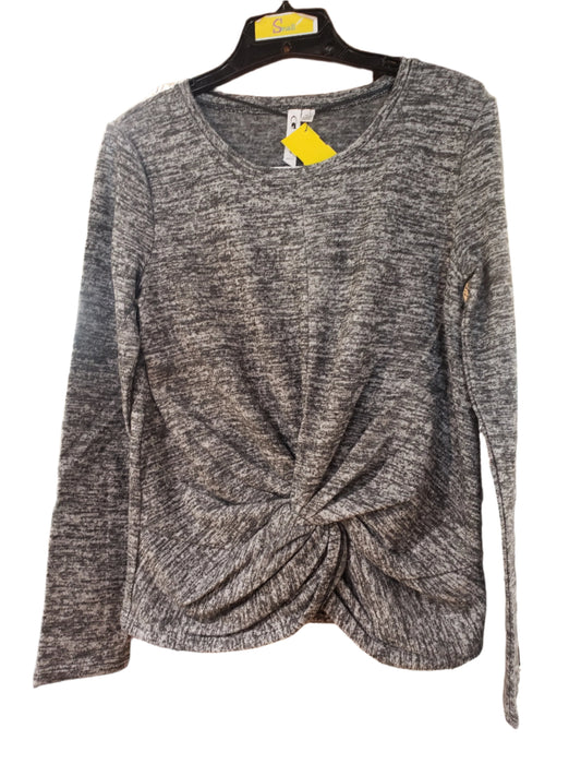 Long Sleeve Soft Marled Knot Front Top by RONNIE SALLOWAY & CO INC, showcased on a hanger next to soft sporty tops and joggers in a clothing store.