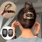 A woman secures her hair in a twist using the ACCITY Oval Flat Hair Clip for Women, a large claw clip with a distinctive leopard-print design; close-up insets highlight the matte finish, unique pattern, and sturdy teeth of this stylish accessory.