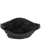 The Roma Leathers, Inc. Cowhide leather crossbody features a zippered top opening and a spacious black fabric-lined interior with zippered pockets for organization, as shown from above.