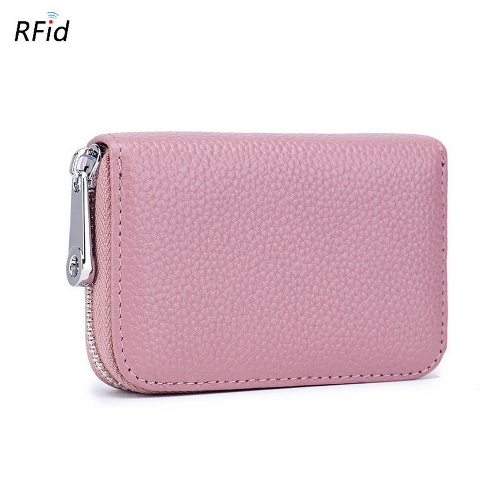 The ACCITY CARD WALLET Anti-Theft Wallet, featuring pink textured leather and RFID protection, is displayed upright against a white background.