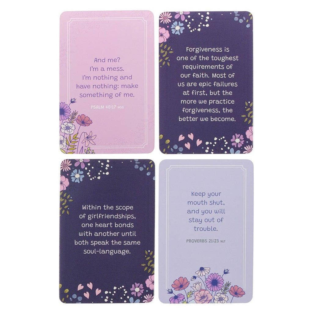 The Box of Blessings: 52 Ways to Bless My Blessed Friends Forever by Christian Art Gifts features four beautifully illustrated cards, each adorned with vibrant purple, pink, and blue floral borders and uplifting inspirational quotes or Bible verses—making it a perfect faith-filled gift for fostering spiritual growth and meaningful Christian friendships.
