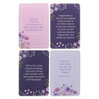 The Box of Blessings: 52 Ways to Bless My Blessed Friends Forever by Christian Art Gifts features four beautifully illustrated cards, each adorned with vibrant purple, pink, and blue floral borders and uplifting inspirational quotes or Bible verses—making it a perfect faith-filled gift for fostering spiritual growth and meaningful Christian friendships.