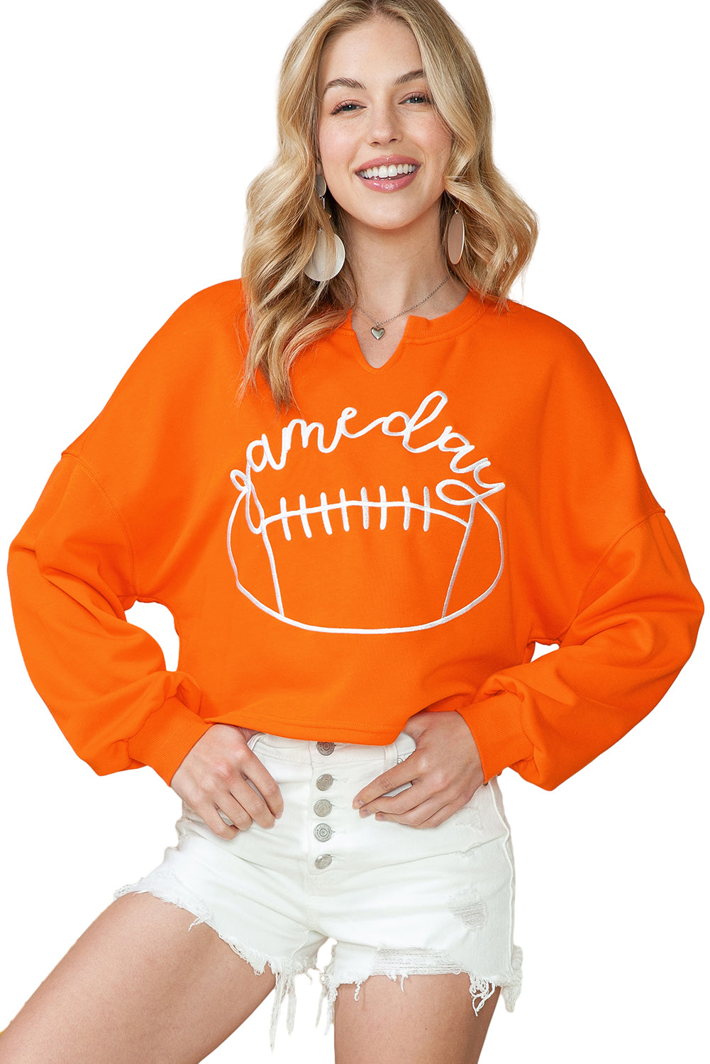 Orange Game Day Lettering Notched Neck Cropped Sweatshirt