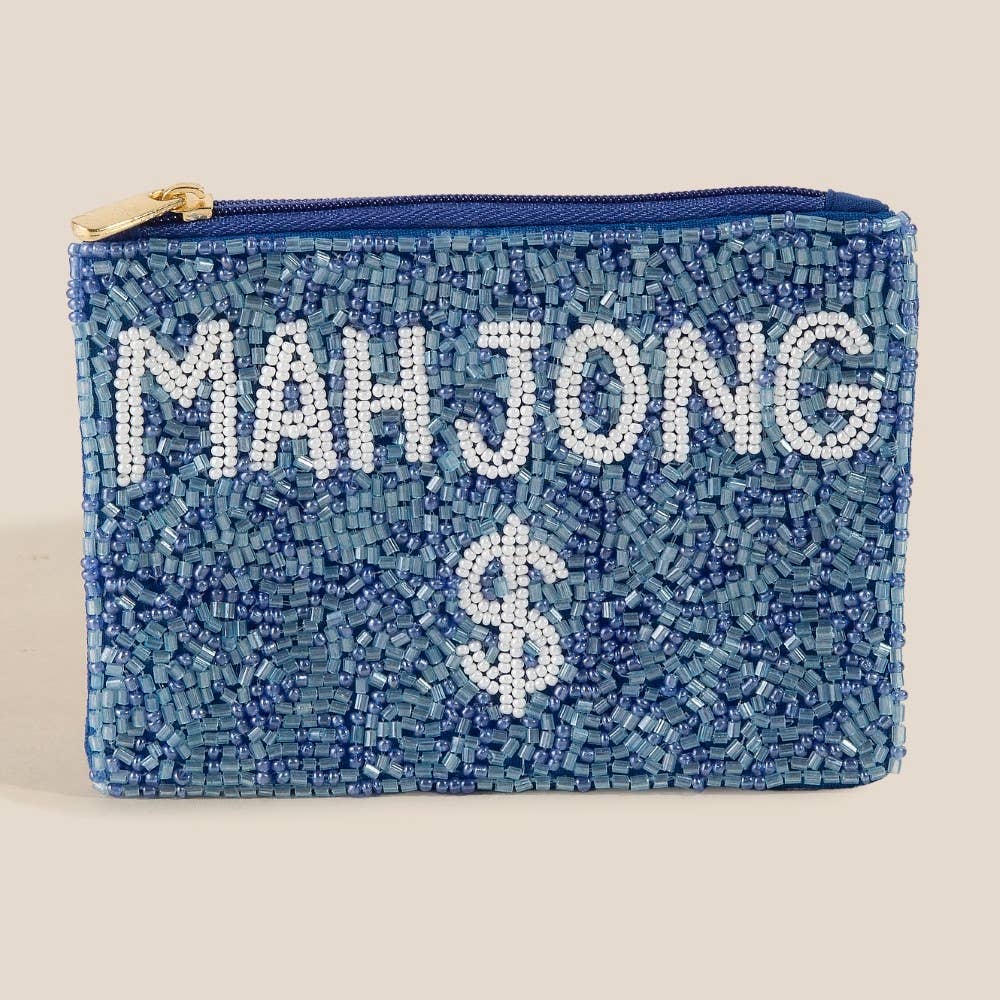 The Anarchy Street Blue Mahjong Money Seed Beaded Coin Purse features a zipper and playful beadwork spelling "MAHJONG" and a dollar sign, making it a stylish, charming accessory.