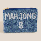 The Anarchy Street Blue Mahjong Money Seed Beaded Coin Purse features a zipper and playful beadwork spelling "MAHJONG" and a dollar sign, making it a stylish, charming accessory.