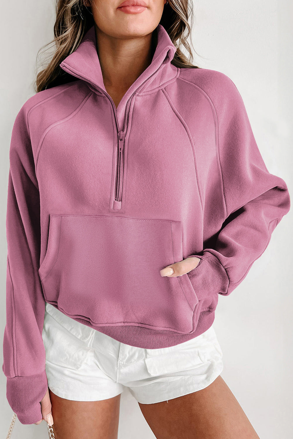 Zip Up Stand Collar Ribbed Thumbhole Sleeve Sweatshirt - 12 colors to choose from