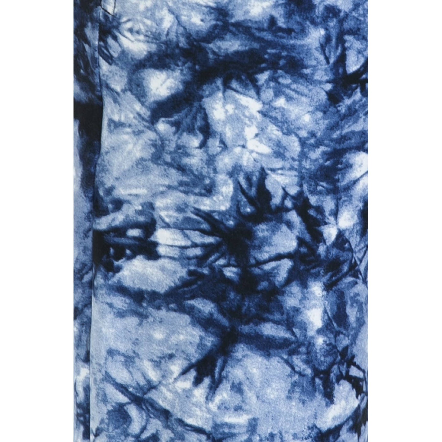 Close-up of Leggings Depot Buttery Soft Print Pajama Pants in blue and white tie dye, showing abstract cloud-like patterns and a comfy elastic waistband.