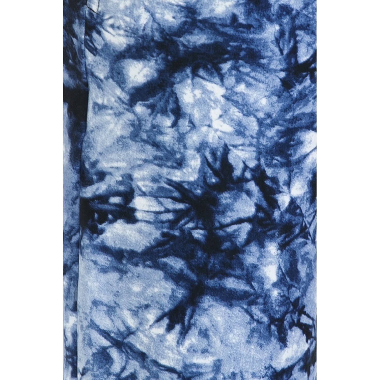 Close-up of Leggings Depot Buttery Soft Print Pajama Pants in blue and white tie dye, showing abstract cloud-like patterns and a comfy elastic waistband.