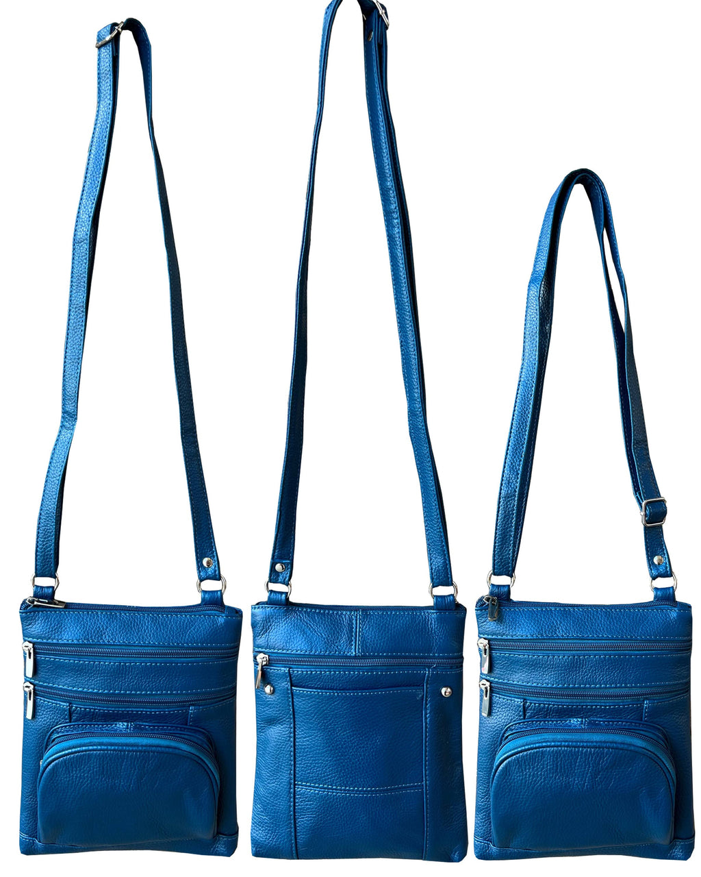 Three Roma Leathers, Inc. Cowhide leather Crossbody bags with phone pocket on the back, adjustable straps, zippered compartments, and built-in credit card slots are displayed against a white background.