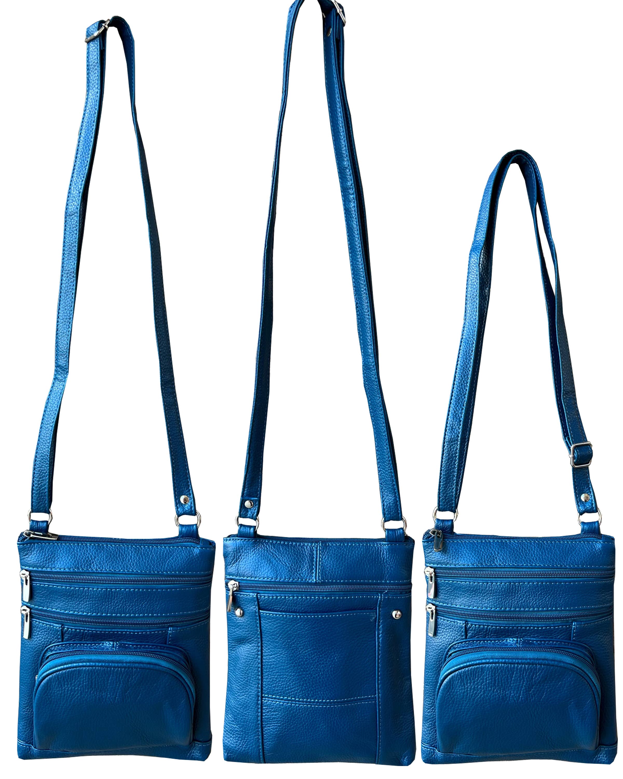 Three Roma Leathers, Inc. Cowhide leather Crossbody bags with phone pocket on the back, adjustable straps, zippered compartments, and built-in credit card slots are displayed against a white background.