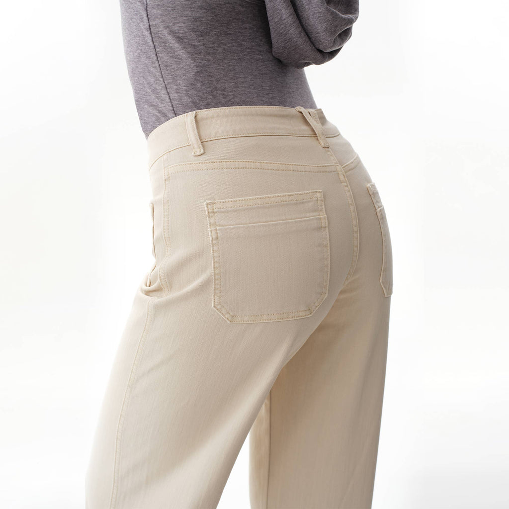 Rear view of Off White Mid Rise Straight Pants in a neutral tone, featuring a straight-leg cut and back pockets.