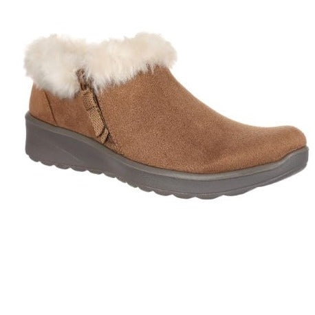 The Genuine Bootie in Toffee by Bzees boasts a stylish thick sole and charming white faux fur trim, delivering both style and comfort. Crafted with odor control technology by CALERES INC, these shoes keep your feet fresh throughout the day.