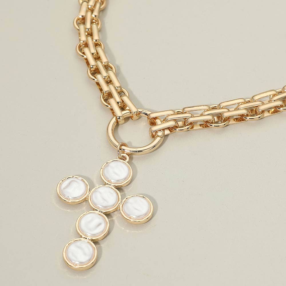 Introducing the Sensibling Corp. Pearl Cross Charm Pendant Chunky Chain Statement Necklace, showcasing a bold gold chain with a textured cross pendant adorned with six pearl-like circles for an elegant touch.