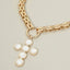 Introducing the Sensibling Corp. Pearl Cross Charm Pendant Chunky Chain Statement Necklace, showcasing a bold gold chain with a textured cross pendant adorned with six pearl-like circles for an elegant touch.