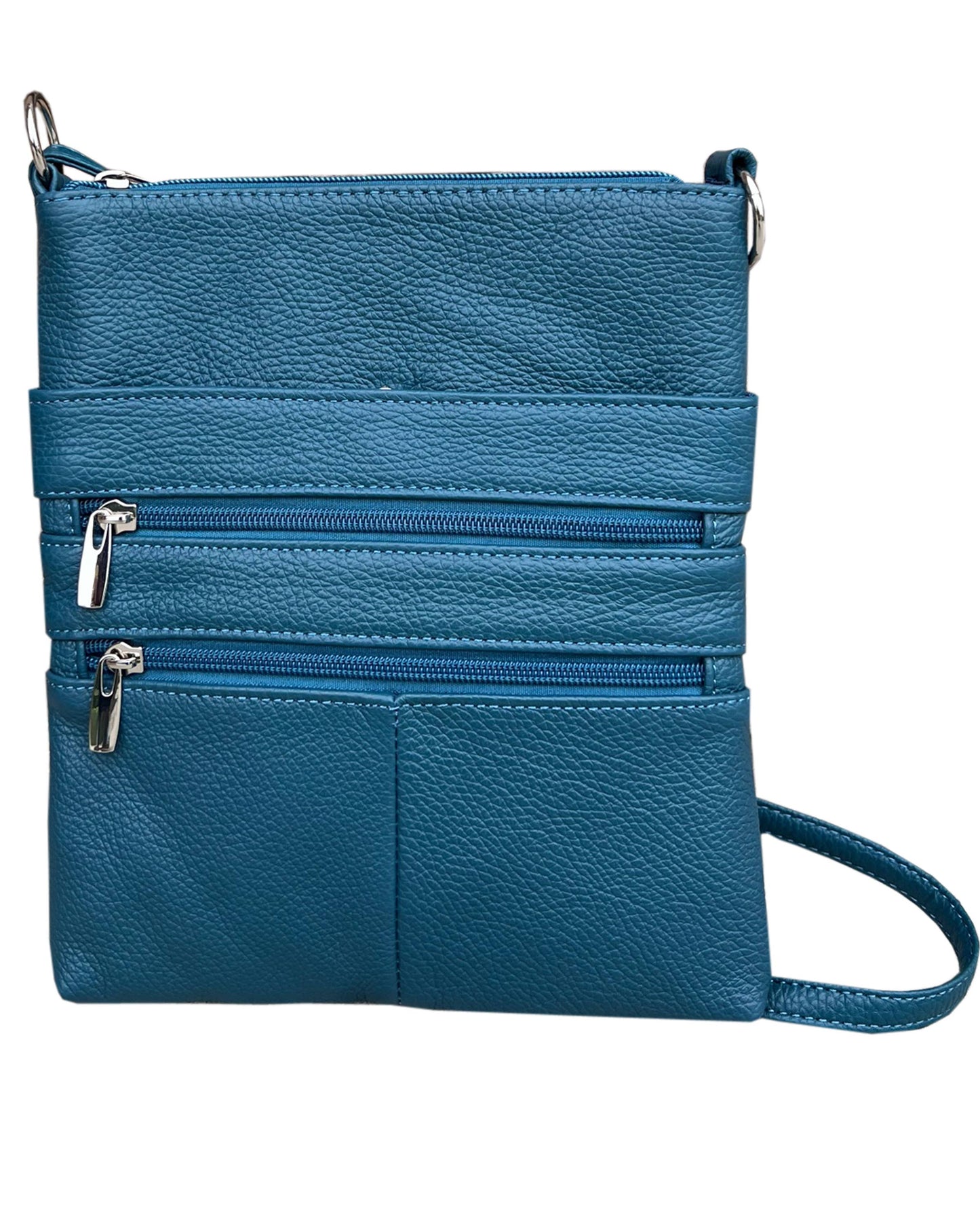 The Roma Leathers, Inc. large cowhide leather crossbody shoulder bag features an adjustable strap and multiple zippered pockets, shown against a white background.