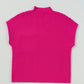 A pink Shewin Patch Pocket Ribbed Knit Short Sleeve Sweater with a mock neck, made from soft fabric, is displayed flat on a light gray background.