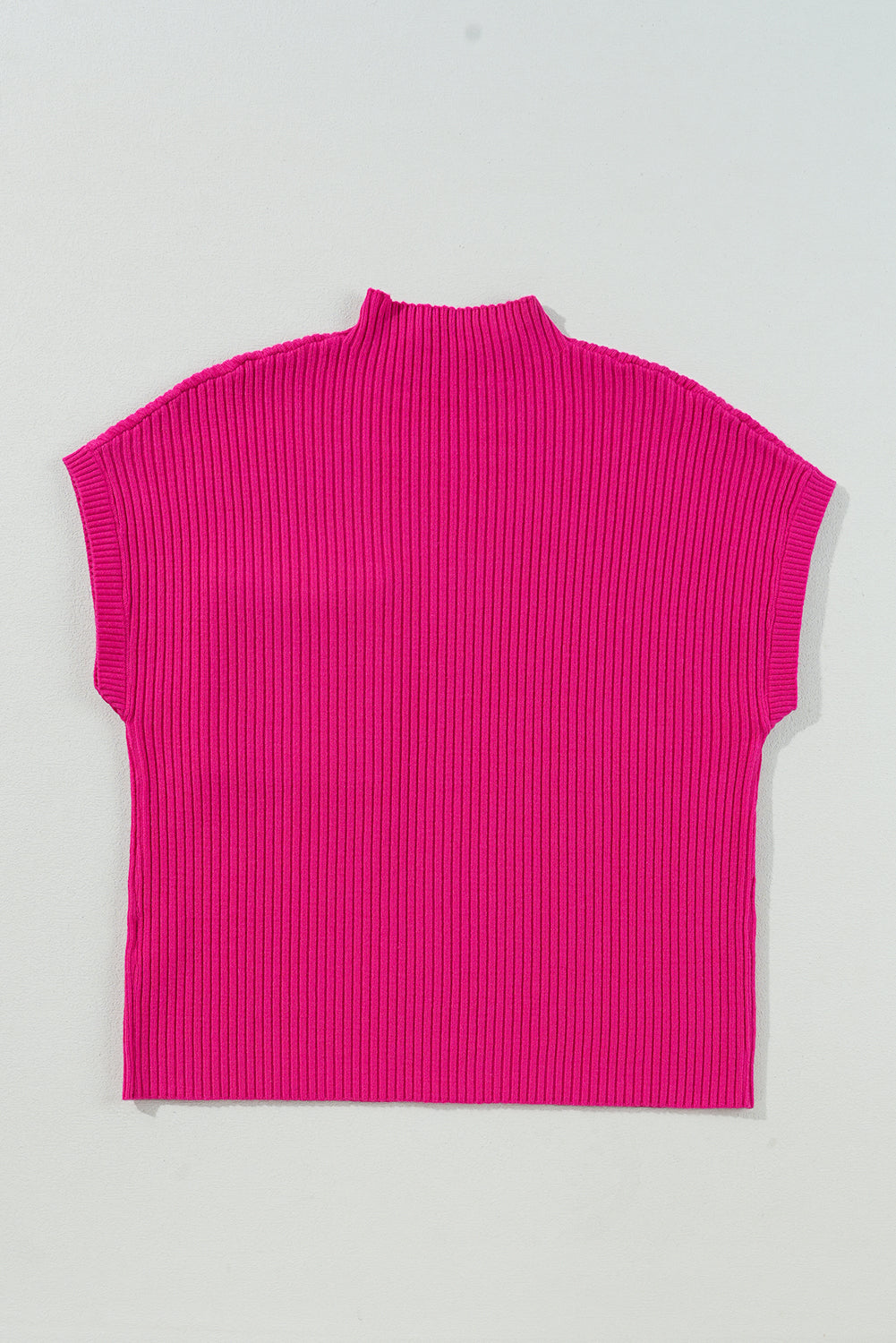 A pink Shewin Patch Pocket Ribbed Knit Short Sleeve Sweater with a mock neck, made from soft fabric, is displayed flat on a light gray background.