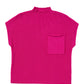 The Patch Pocket Ribbed Knit Short Sleeve Sweater by Shewin, in vibrant pink, is laid flat against a pristine white background. Its short sleeves and front pocket make it perfect for transitional weather.