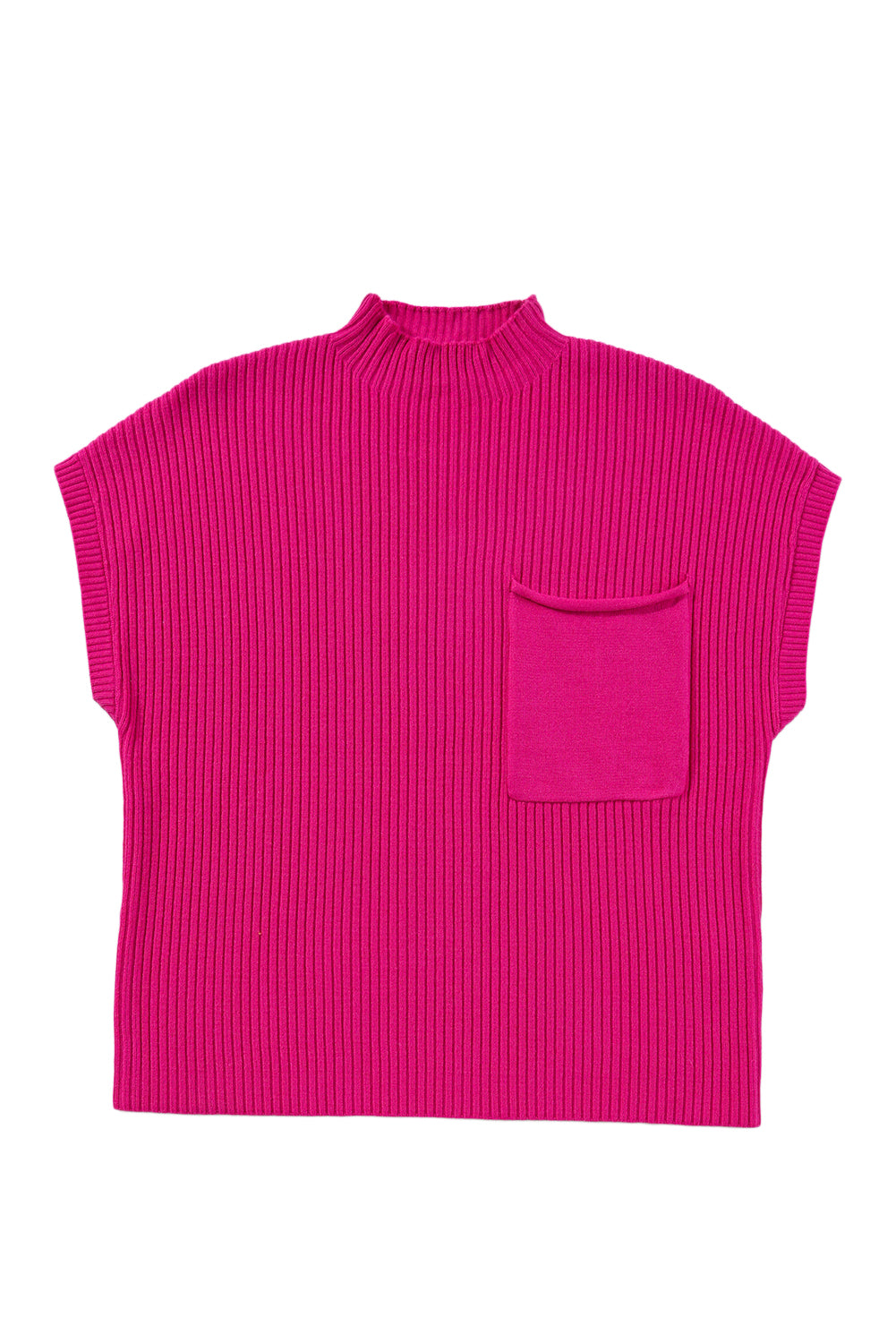 The Patch Pocket Ribbed Knit Short Sleeve Sweater by Shewin, in vibrant pink, is laid flat against a pristine white background. Its short sleeves and front pocket make it perfect for transitional weather.