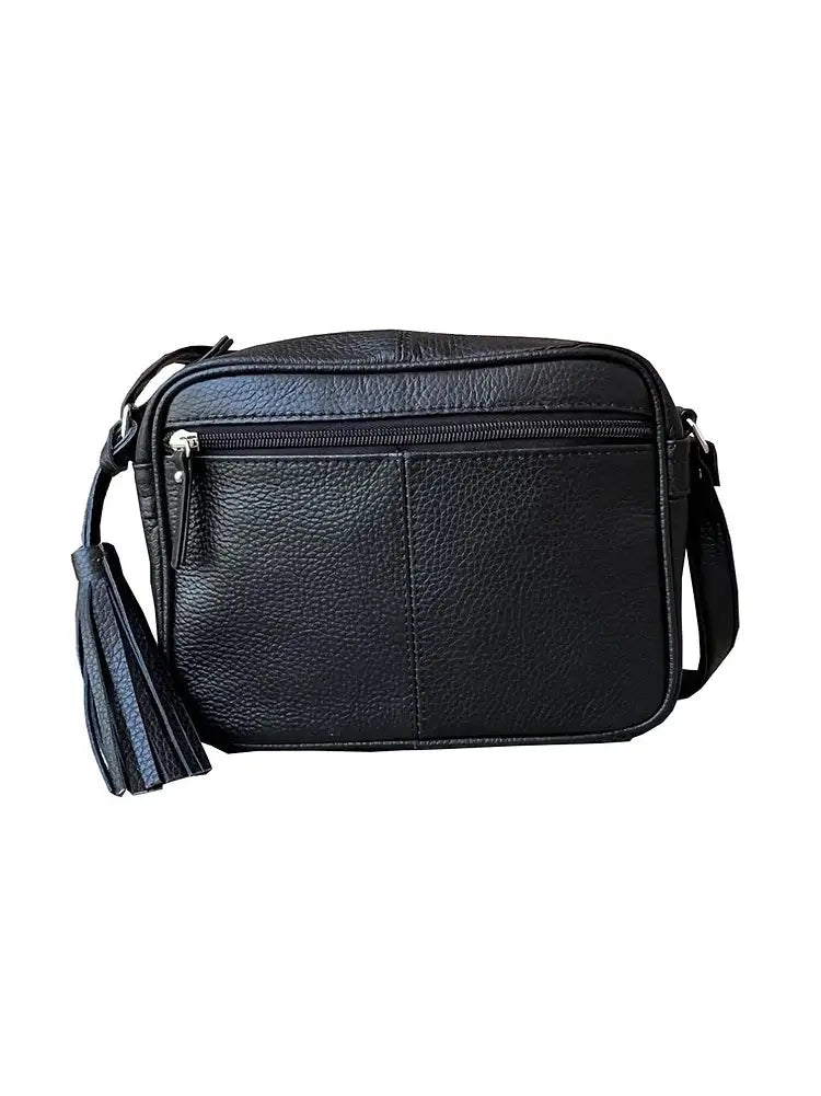 The Roma Leathers, Inc. Cowhide Leather Crossbody is a sleek black bag featuring a front zip pocket, adjustable shoulder strap, and a stylish tassel accent on the side.