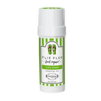 A 1.75oz container of PUREfactory Naturals' Flip Flop Essential Oils Foot Repair by Pure Naturals, featuring lime sugar scent and natural antibacterial essential oils, is labeled with green stripes and flip flop icons.